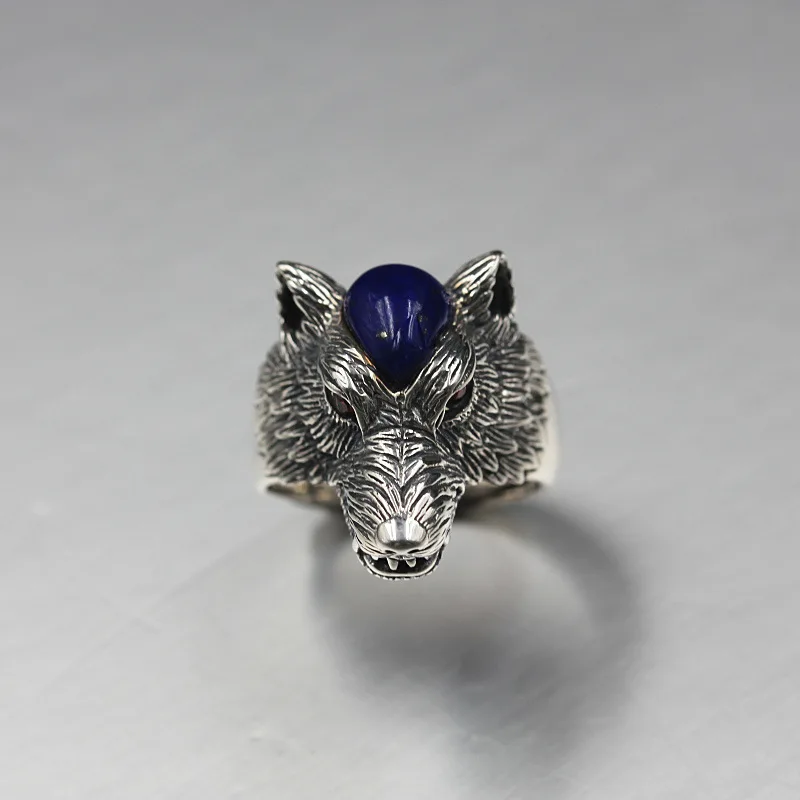 Real 925 silver ring, Thai silver lapis lazuli inlaid wolf head ring, old hand-carved silver ring