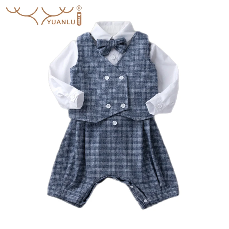 

High Quality 100% Cotton Suit for Baby Boy Handsome Comfortable Children's Clothing for Boy 4Pcs Vest Shirt Bow Tie and Overalls