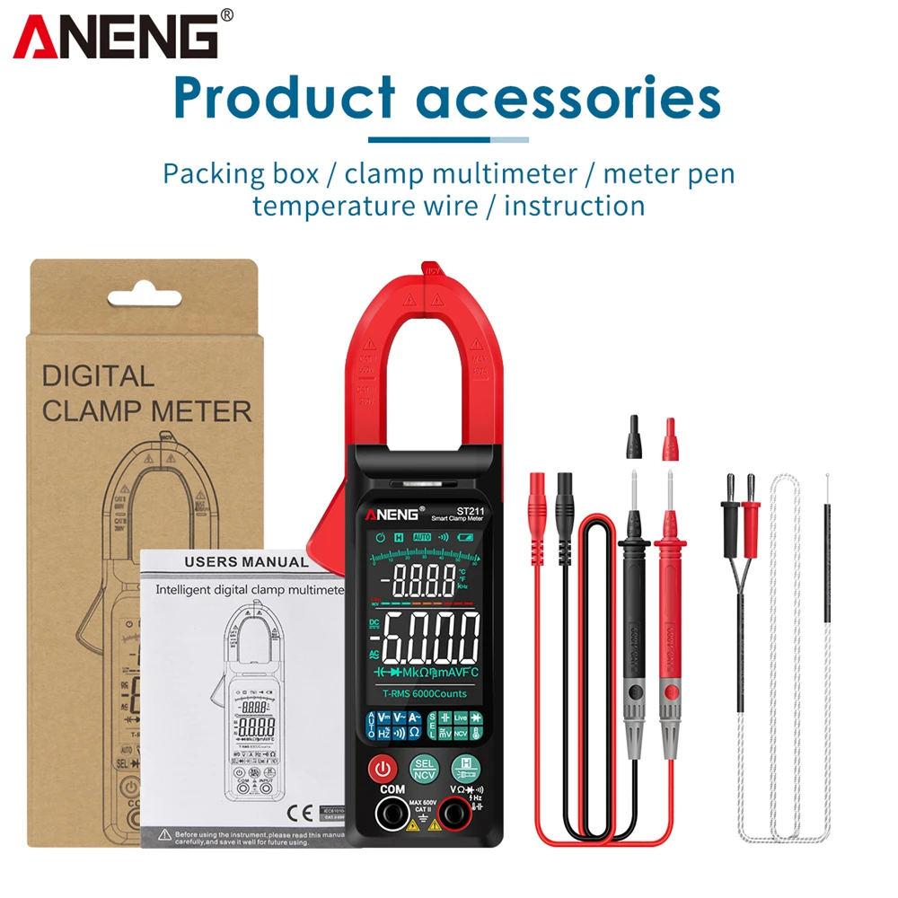 จอแสดงผลขนาดใหญ่หน้าจอ6000นับ ST211 Digital Clamp Meter มัลติมิเตอร์ DC AC แรงดันไฟฟ้าเครื่องทดสอบ Amp Hz NCV Ohm test