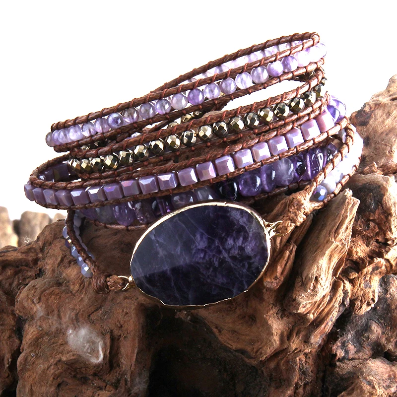 Fashion Boho Beaded Bracelet Handmade Mixed Natural Stones & Crystal Stone Charm 5 Strands Wrap Bracelets Women Gift