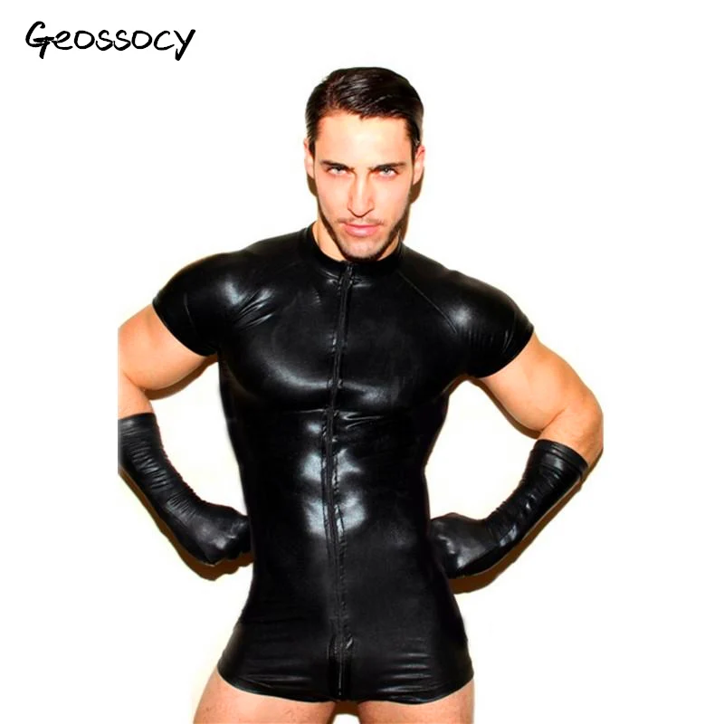 

Wet look latex Catsuit Faux Leather Mesh Jumpsuits Sexy Lingerie Men Black Stretch PVC Bodysuits Clubwear Open Crotch Body Suit