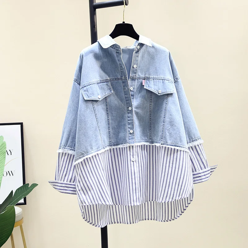 

SuperAen Fake Two Turn Down Collar Full Denim Shirt Autumn 2021 New Fashion Loose Casual Stripe Patchwork Women Tops