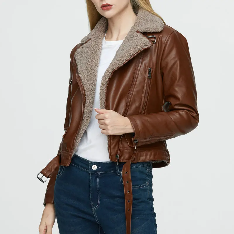 Vrouwen Hoge Kwaliteit Winter Warm Faux Lederen Jassen Dame Bruin Bont Motorfiets Biker Straat Bovenkleding Jassen Nieuwe Mode