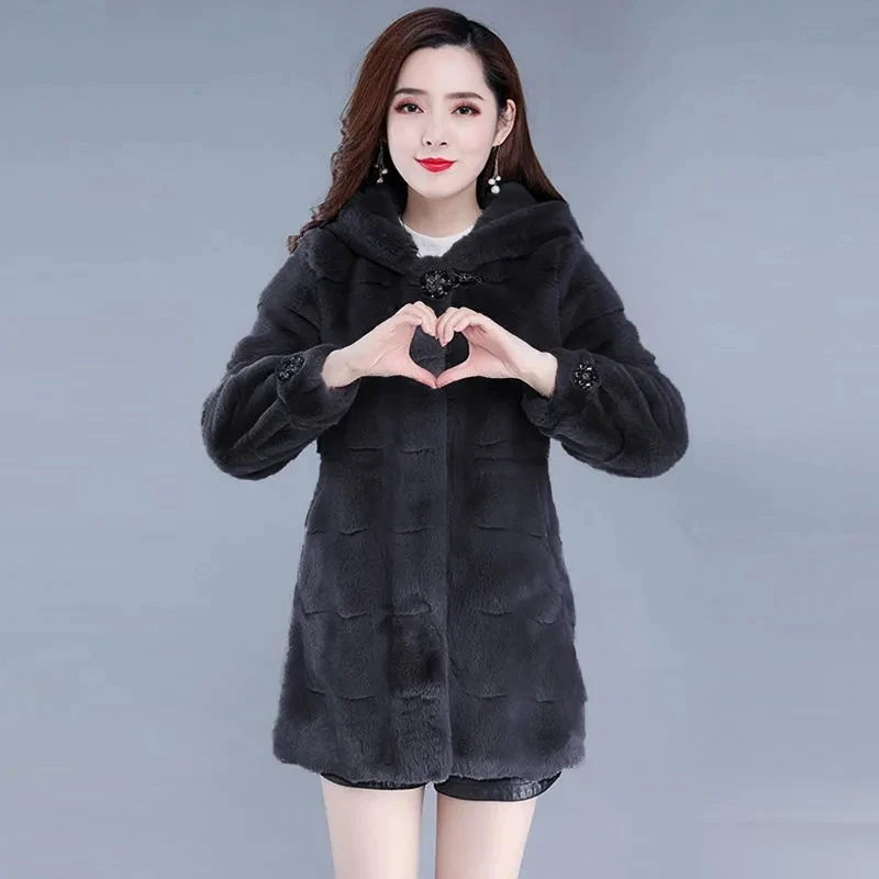 Thick Danish Mink Coat For Women 2021 Winter Fashion High Quality  Imitation Fur Coat Hooded Chaqueta Mujer Temperament 538