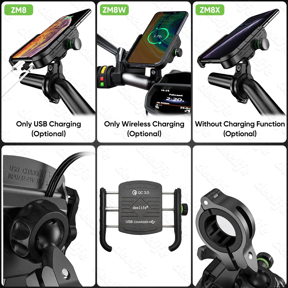 Deelife-Suporte do telefone da motocicleta para Moto, Moto Espelho, Suporte Stand móvel, Carregador USB, Carregamento sem fio, Celular Mount