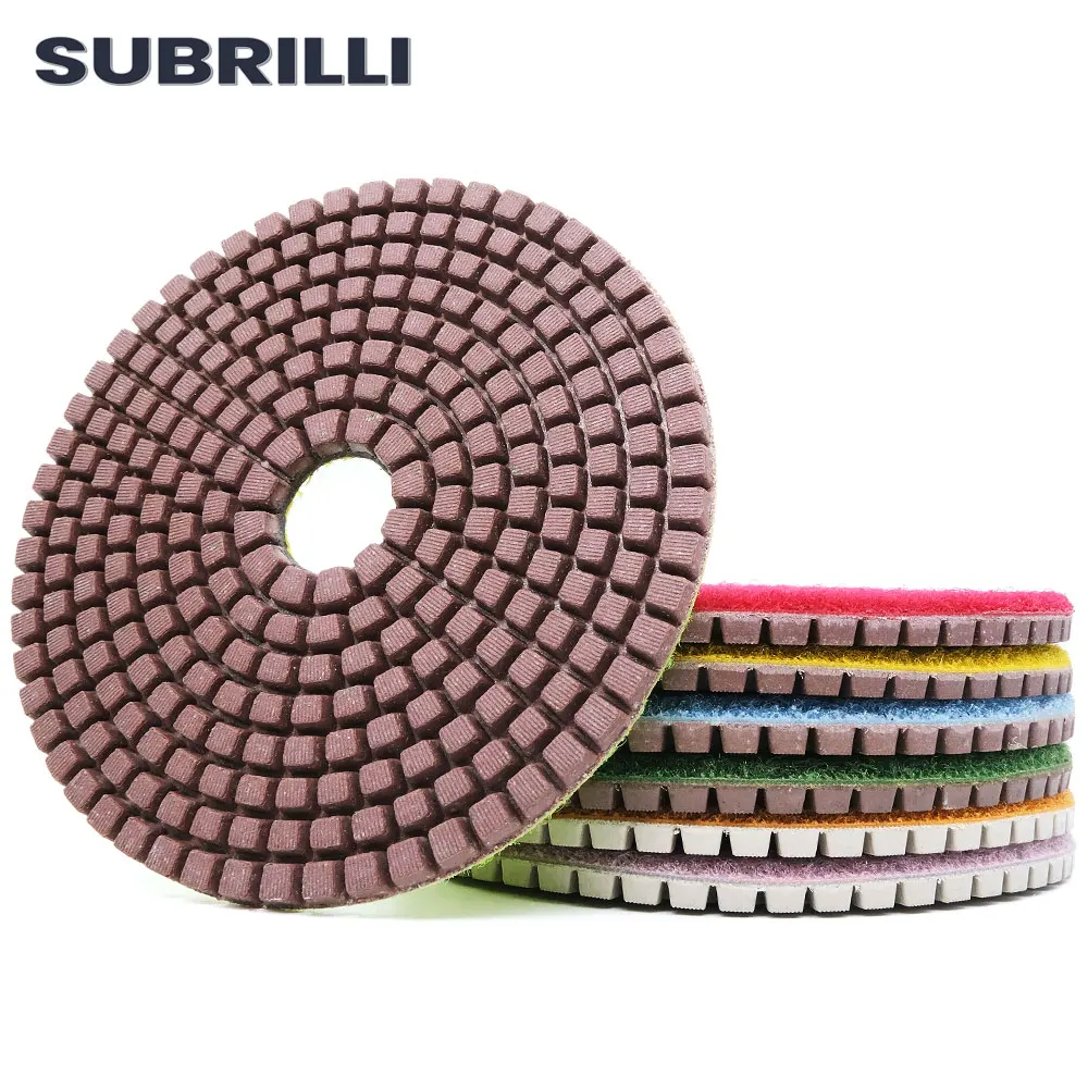 

SUBRILLI 4 Inch Diamond Polishing Pad For Granite Marble Stone Polisher Set Metal Bond 7pcs Polish Kit Concrete Sanding Discs