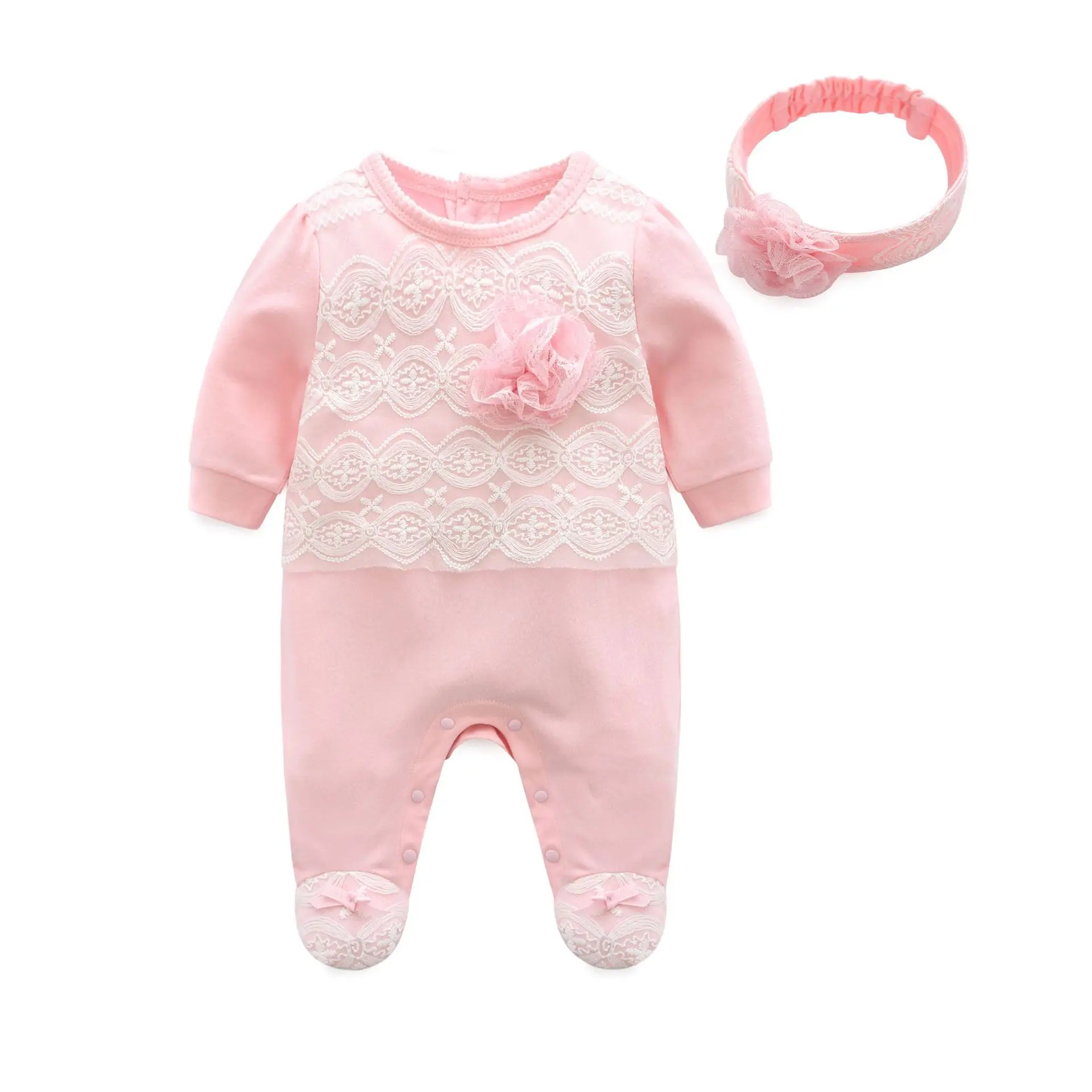 Newborn Baby Jumpsuit With Footies Cotton Pink Lace Ruffle Footies Long Sleeve Jumpsuit Outfit 0 3 6 Months Baby Girl Clothing