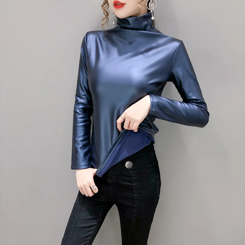 Winter Big Size Women Blouse Autumn Turtleneck Long Sleeve Pullover Shirt Tops Ladies Velvet Stretch Camisas PU Leather Blouses