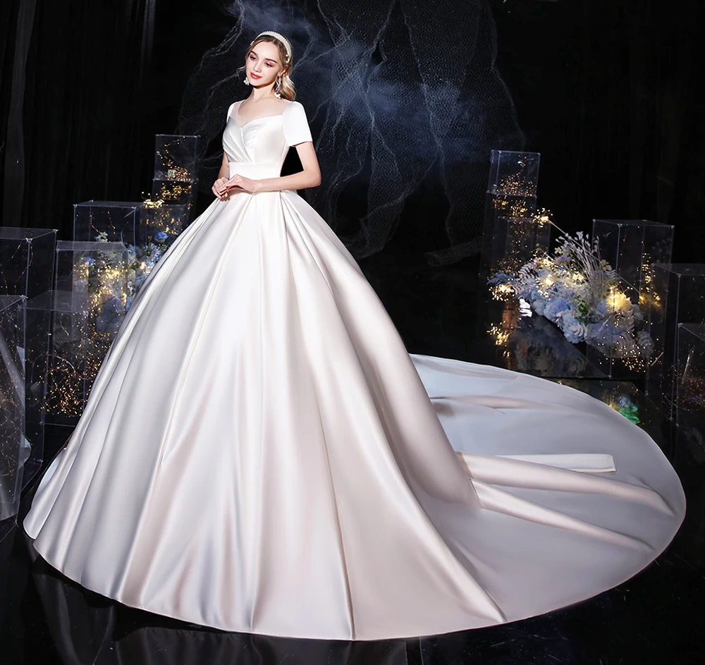 Wedding Dress 2022 Luxury Satin Wedding Gown With Train Ball Gown Classic Princess Bride Dress Plus Size Vestido De Noiva