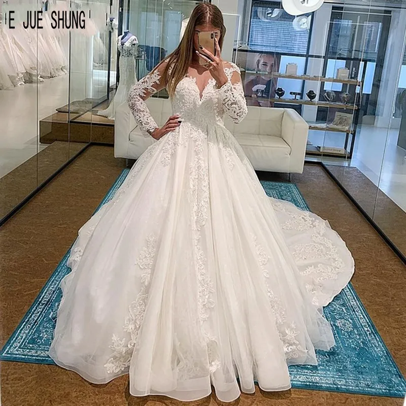 

E JUE SHUNG Vintage Organza Wedding Dresses Jewel Neck Long Sleeves White Lace Appliques Ball Gown Bridal Dresses wedding Gowns