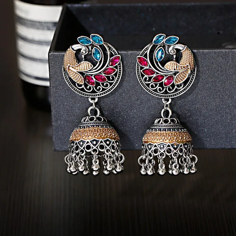 Ethnic Women\'s Blue Peacock Earrings Turkey Bijoux Vintage Bollywood Silver Color Bell Tassel Earrings Tribe Indian Jewelry