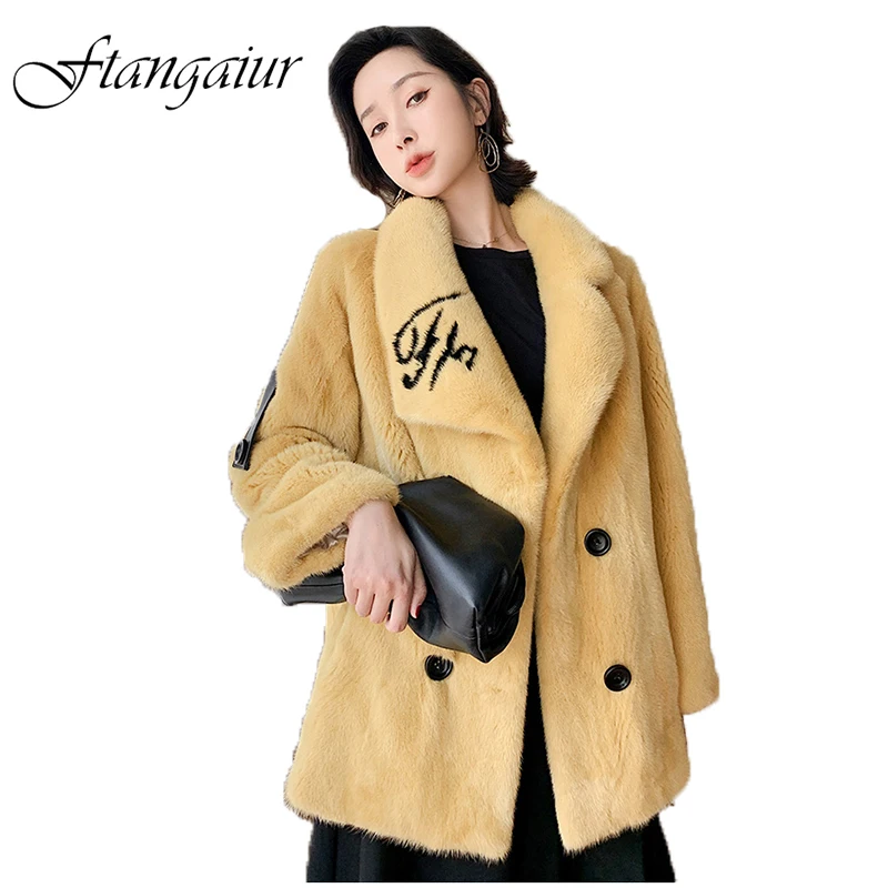 

Ftangaiur Winter Imported Velvet Mink Fur Coat Women's Loose Print Letter Slim Women Medium Pure Natural Real Mink Fur Coats