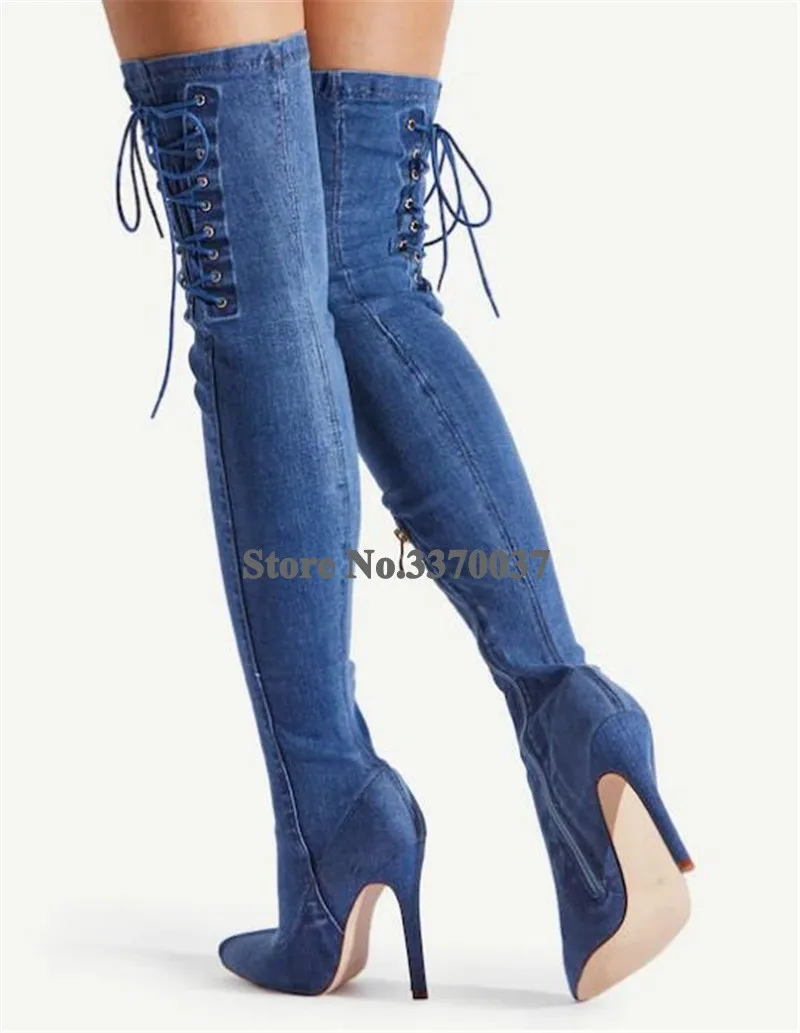 Newest Sexy Women Pointed Toe Over Knee Stiletto Heel Denim Gladiator Boots Side Lace-up Slim Style Long HIgh Heel Boots Heels