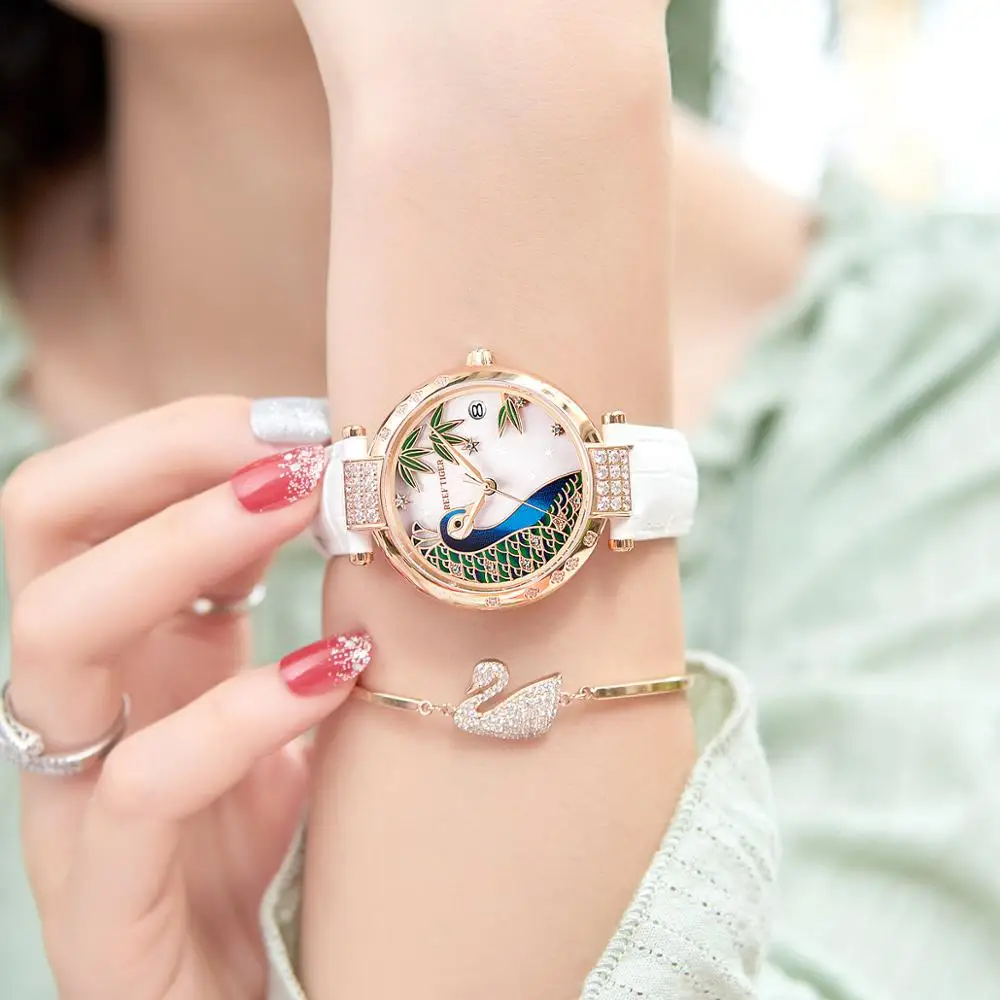 Reloj Automático de lujo de oro rosa - Reef Tiger RT Top Brand Day Date Function Moda Mujer Correa de cuero RGA1587