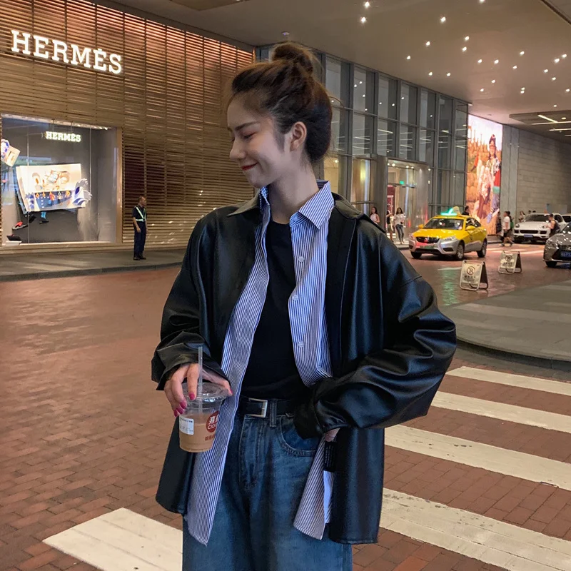 New Women oversized PU leather blouses 2021 Spring Autumn Black Faux Leather Basic Coat Turn-down Collar Motor Biker Jacket