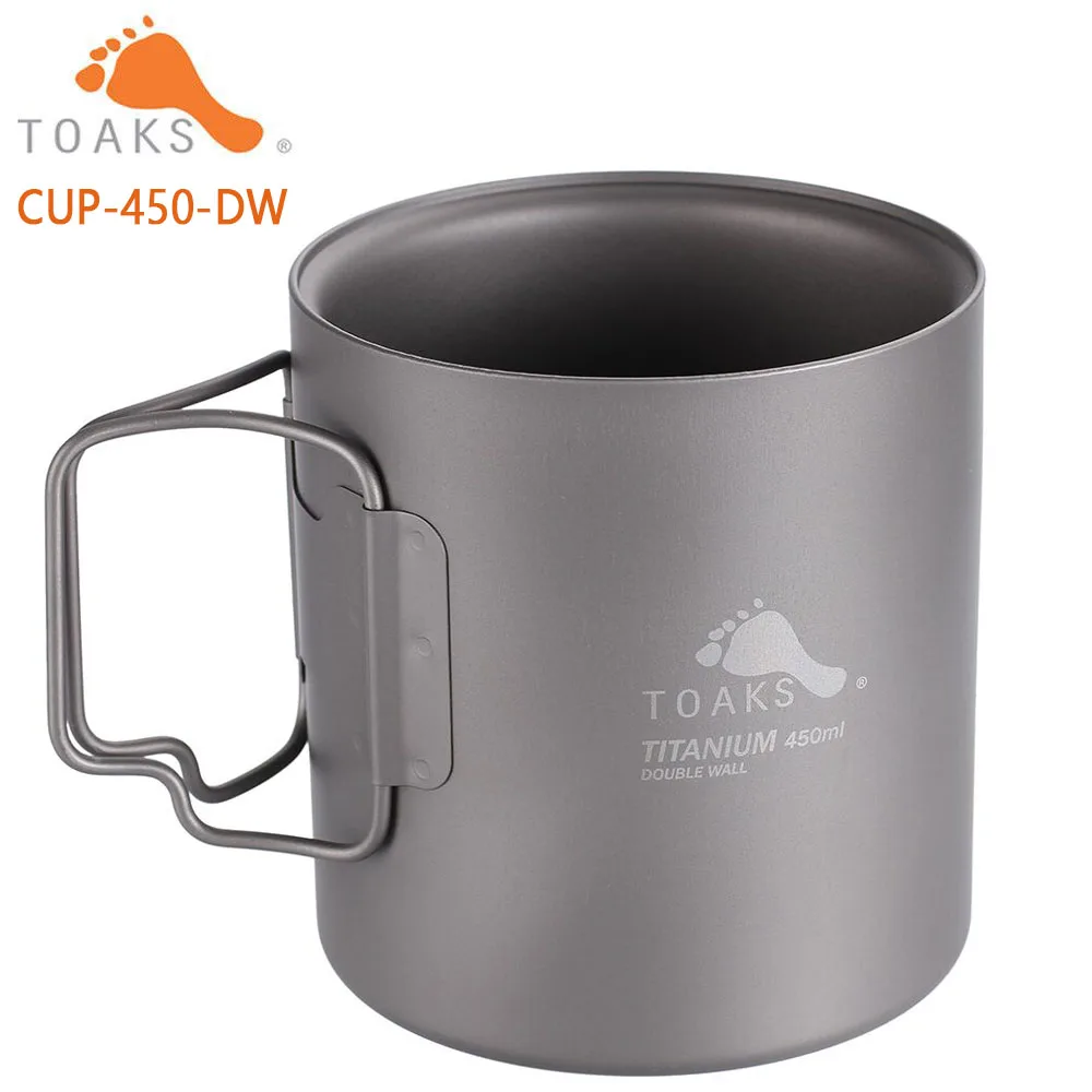TOAKS  Pure Titanium Cup Ultralight Outdoor Mug without Lid and Foldable Handle Camping Tableware 375ml 450ml