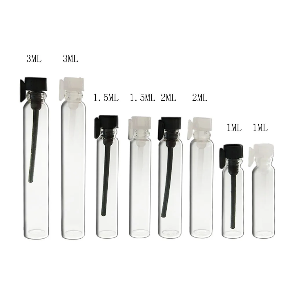 

500 x 1ML 1.5ML 2ML 3ML Glass Perfume Bottle Parfume Sample Vials Tester Trial Perfume Bottle with Clear Black Stoppers