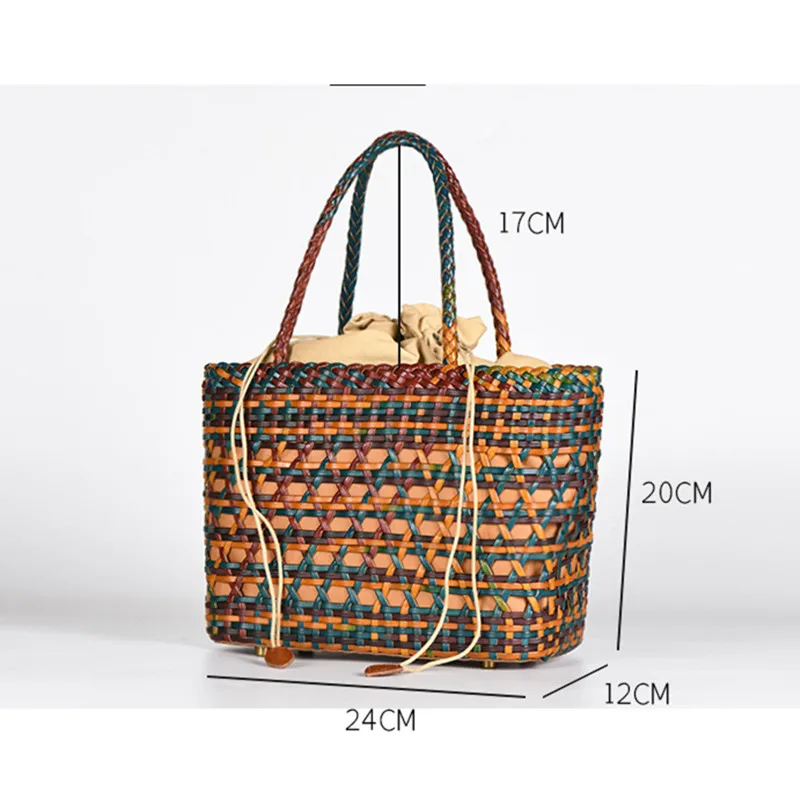 Summer new Genuine Leather Hollowed Woven Shoulder Bag with Casual Woven Inside Bag Vintage Shopping Bag Cowhide Tote Bag