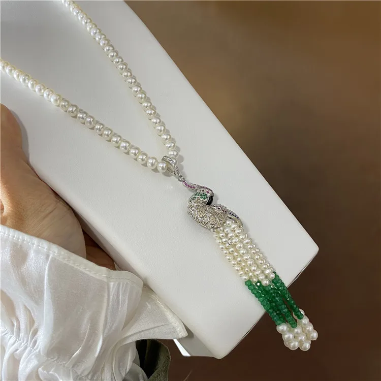 

Women's jewelry 7-8mm 75+15cm micro inlaid zircon green accessories white freshwater pearl necklace