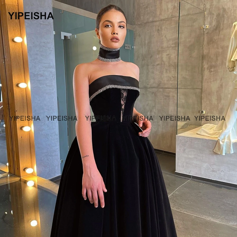 Yipeisha-Robe de cocktail noire sans bretelles, corset, velours, longueur thé, robe de soirée de Rh, petite robe noire perlée sur mesure