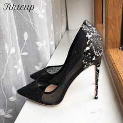 Tikicup Croc-effect Women Pointed Toe Mesh Pumps With Tiny Studs Black Sexy Ladies Party High Heel Shoes Diamond Pumps