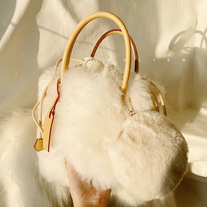 Winter Luxury Fashion Real Lamb Wool Fur Bucket bag Ladies Fashion Clutch Hand Bag Soft Leather Shoulder Messenger Bag Purse