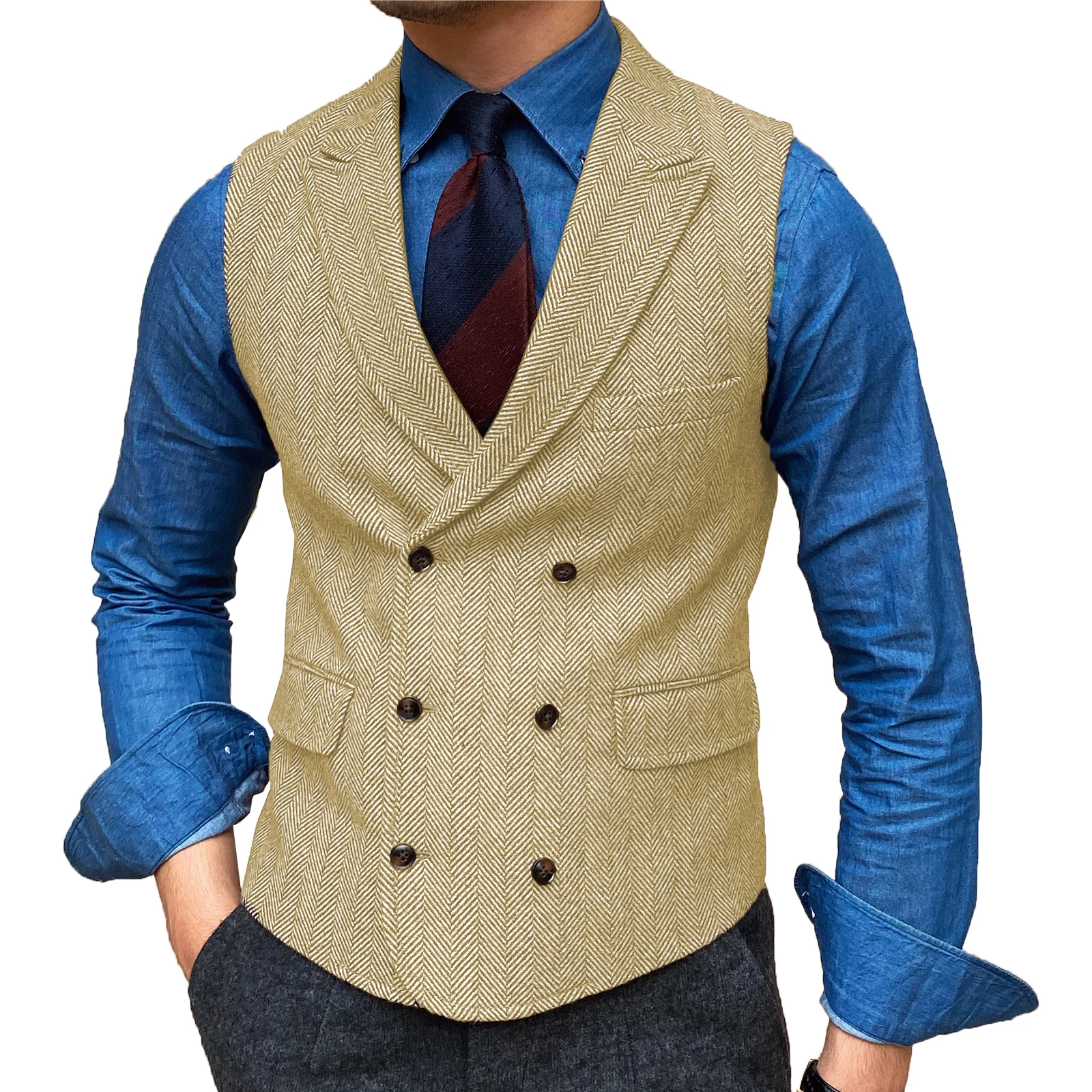 Mens Waistcoat Lapel Neck Wool Brown Retro Waistcoat Casual Formal Pocket Business Slim Fit Vest Groomman For Wedding Working