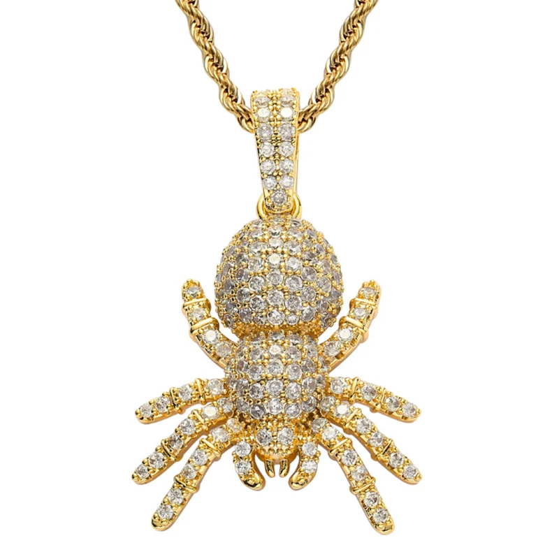 New Full Cubic Zircon Spider Pendant Necklace Gold Silver Color Hip Hop Charm Jewelry