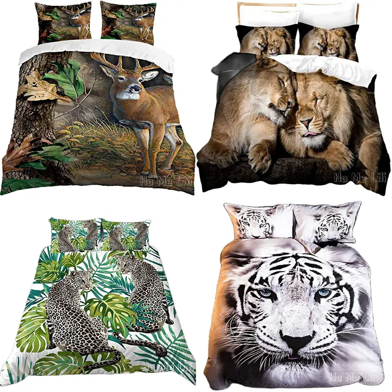 

African Wildlife Theme By Ho Me Lili Duvet Cover Set Wild Lion Panther White Tiger Deer Huntin Print Bedding For Kids Boys Teens