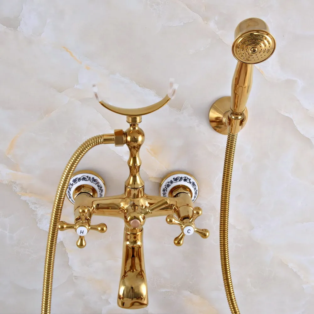 Polished Gold Brass Double Handle Wall Mounted Bathroom Bath Tub Faucet Set with 150CM Hand Held Shower Spray Mixer Tap 2na918