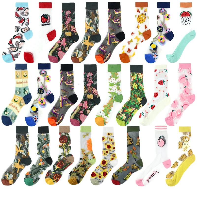 Fun Harajuku New Products Crystal Silk Tide Socks Cute Sunflower Vines Flowers Surprise Women Socks Happy Fruit High Quality Sox