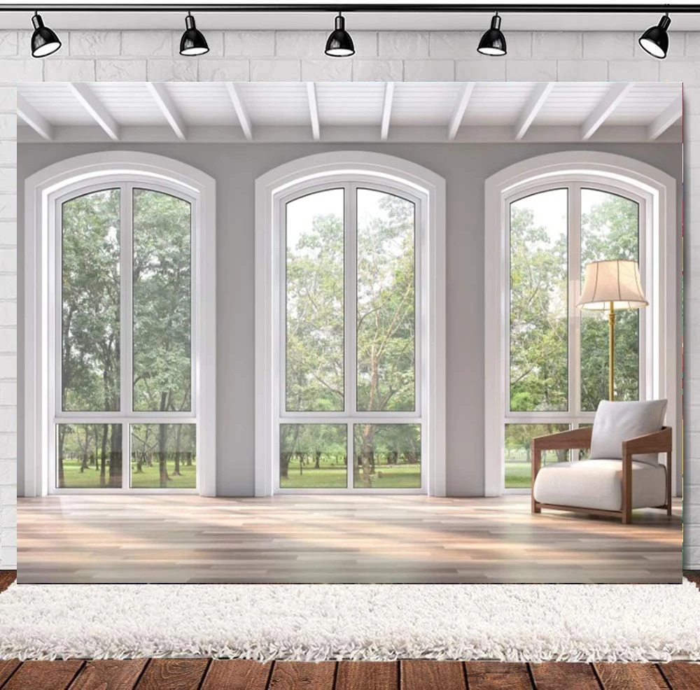 فيلا حديثة التصوير الداخلي خلفية الخصبة وودز قوس الفرنسية وشاح حامل مصباح أريكة أرضية خشبية خلفية غرفة نوم الديكور