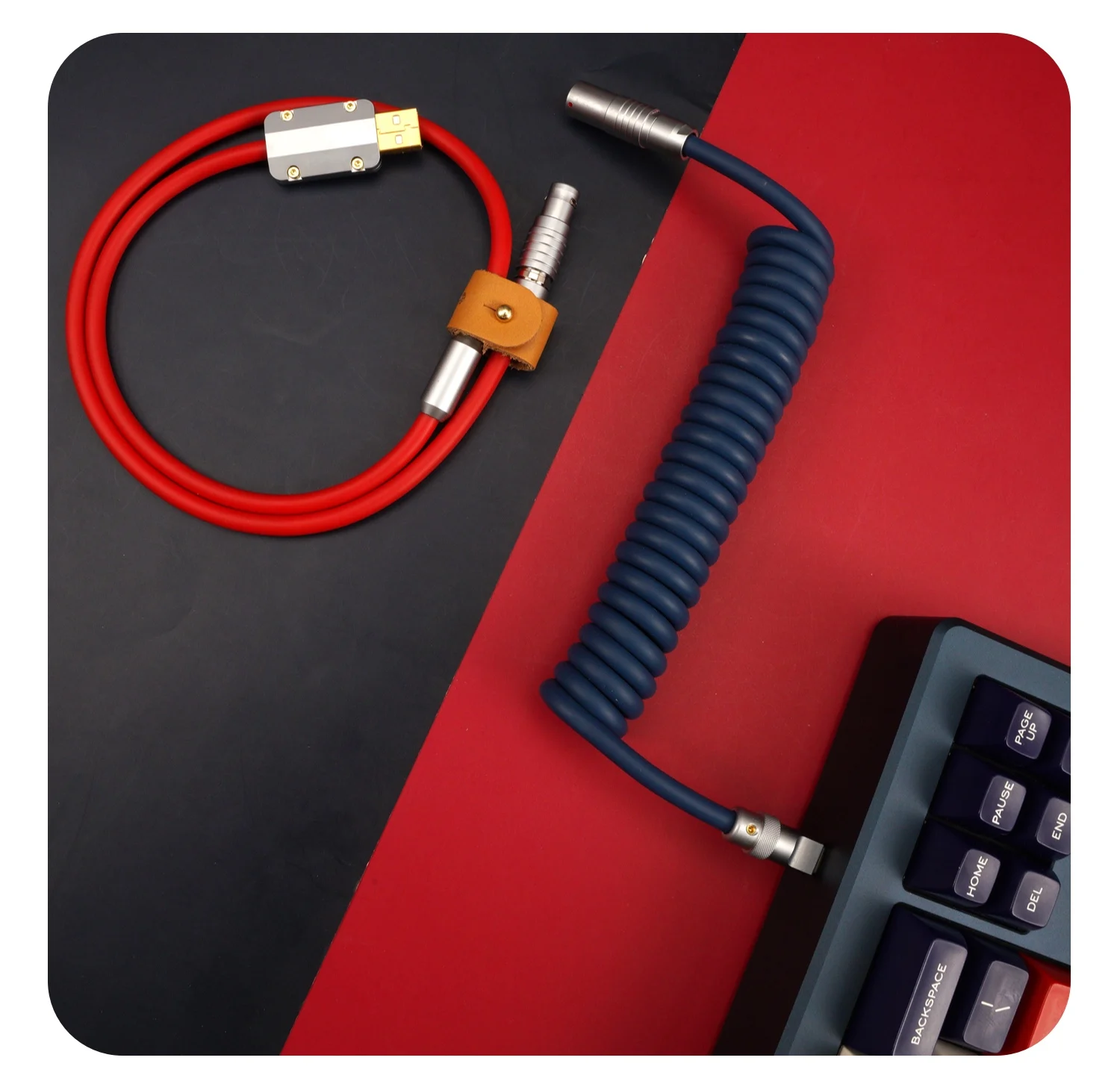

GeekCable hand-made customized keyboard data spiral line rear aviation plug Super elastic rubber navy blue + red