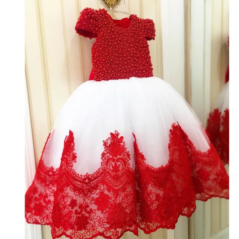 Robe de concours en dentelle rouge pour filles, avec des Appliques de perles, à fleurs, à col de bijoux, à manches courtes, en Tulle blanc pour tout-petits