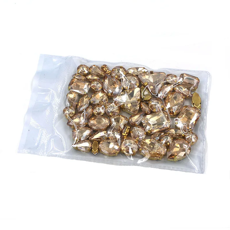 50pcs/bag Clothing accessories mixed shape Champagne glass crystal sewing rhinestones with gold base for dress/garment/shoes