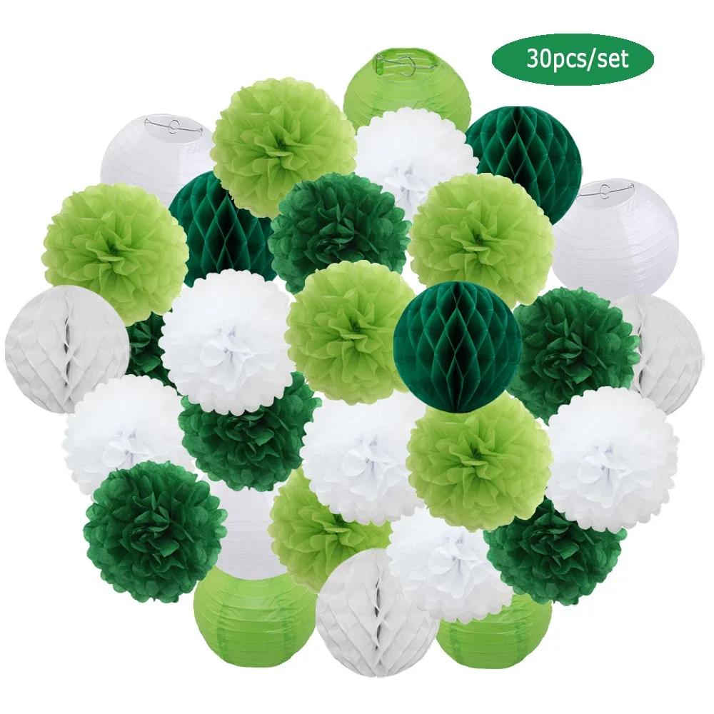 30pcs/Set Holiday Festival Decor Blue White Paper Lantern 6“ 8” 10“ 12” Baby Baptism Birthday Party Favor Hanging Tissue Pom