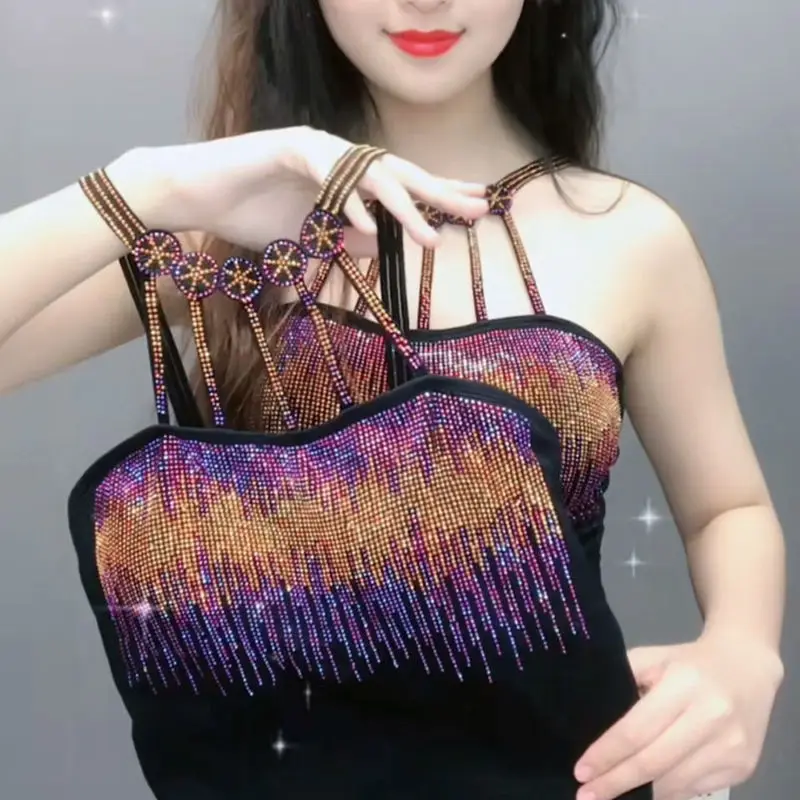 2024 New Creative Shiny Set Auger Vest Women Fashion Trendy with Pad Sling Lady Nightclub Bar Personality Tops Woman Clothing