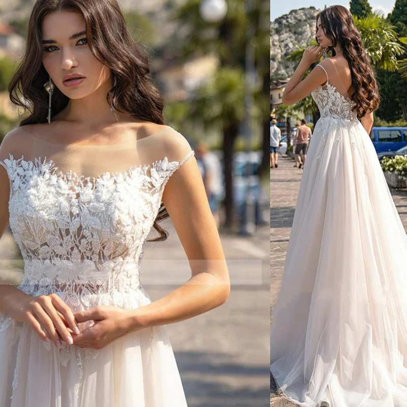 Elegante vestido de casamento com o pescoço, apliques renda linha A, manga curta, botão sem encosto, vestido de noiva, túnica luxuosa, 2024