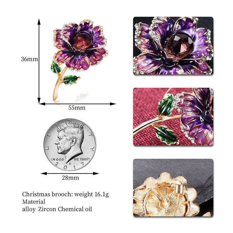 3pcs Purple Rhinestone Enamel Flower Brooches Women Wedding Party Casual Brooch Pins Gifts