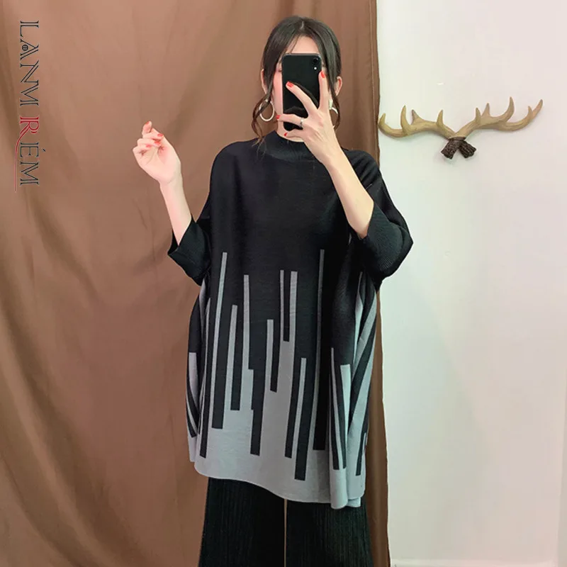 LANMREM O-neck Black Color Block Striped Loose Top Female Fashion Long Sleeve Pleated T-shirt 2024 New Women Spring 2J515