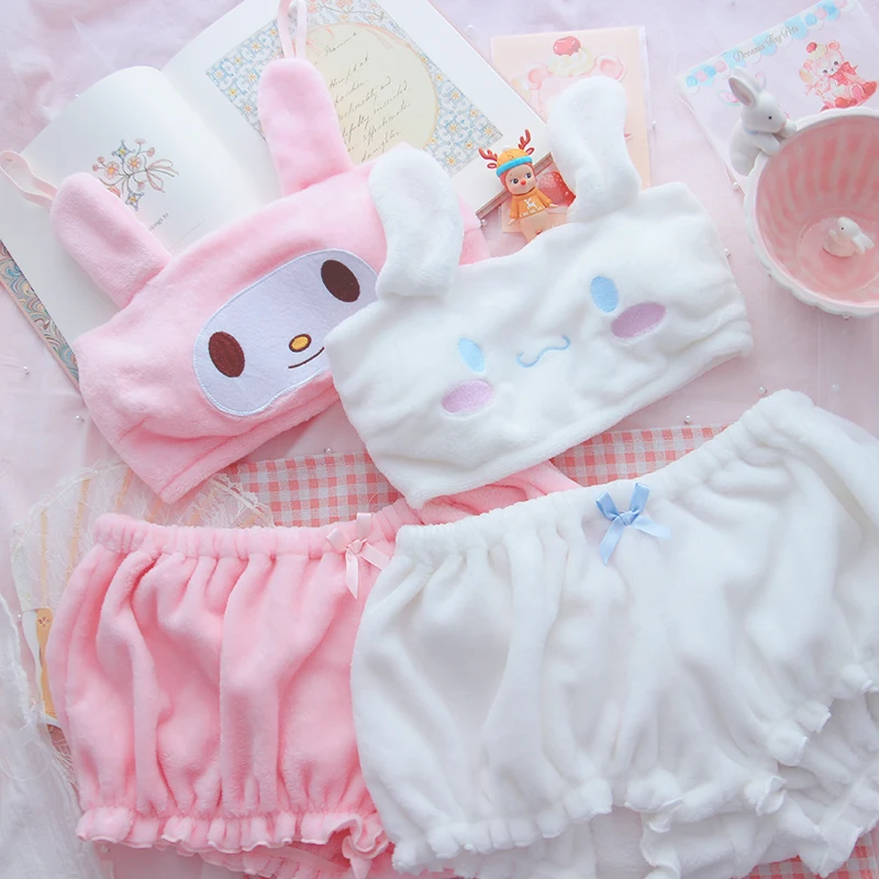 

2021 Kawaii Cute Cartoon Anime Long Ear Doggy Bra and Bloomers Pink White Velvet Tube Top Panties Set for Sweet Girl Women