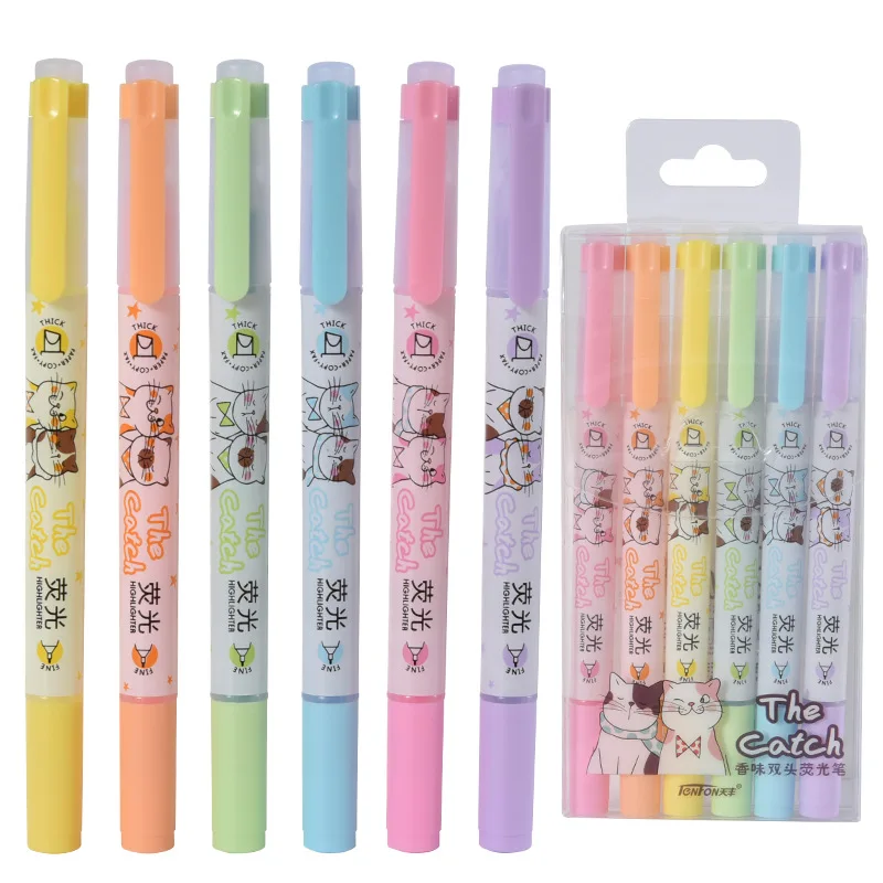 6 pcs/pack Double Head With Aroma Cute Cat Dog Drawing Color Highlighters Promotional Markers Gift Stationery