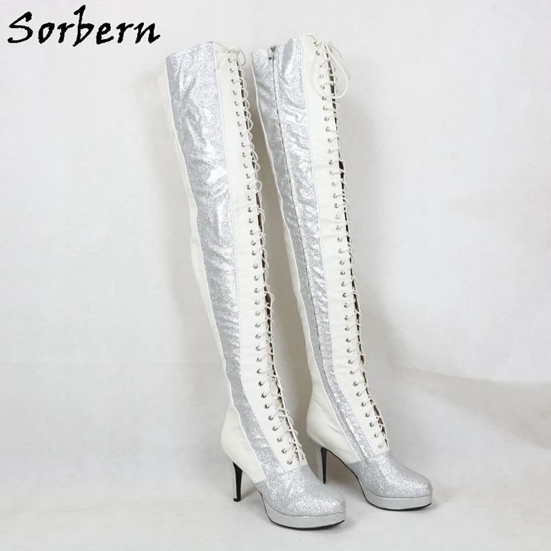 Sorbern Blingbling Glitter Kinky Boots Block Heels Platform Winter Style Long Crotch Thigh High Boots Plush Linning Custom Wide