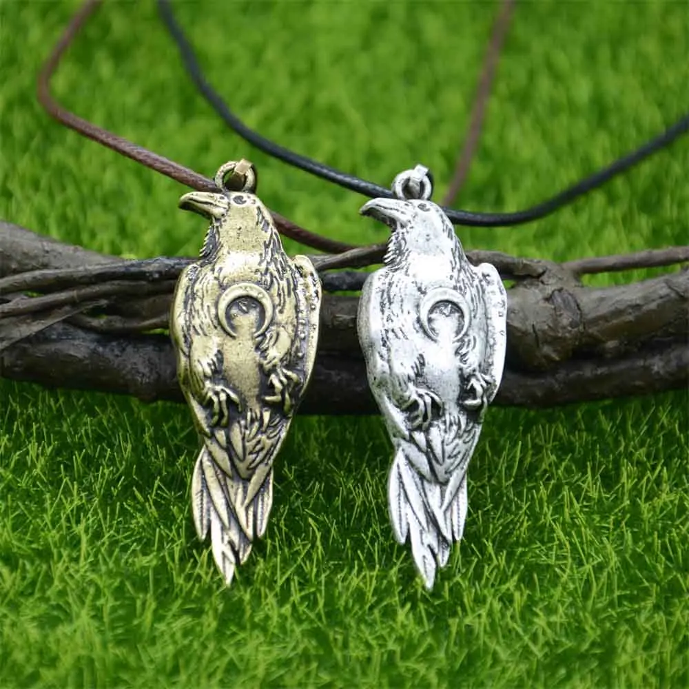 Viking Raven Amulet With Crescent Moon Symbol Wicca Talisman Jewlery Crow Bird Pendants Necklaces Mens Womens Gifts