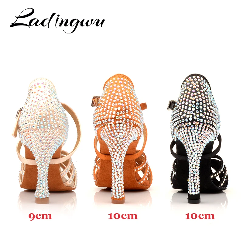 Ladingwu Rhinestone Latin Dance Shoes Women Salsa Ballroom Shoes Cuba High Heel 10cm Waltz Software Shoes Bronze Skin Black