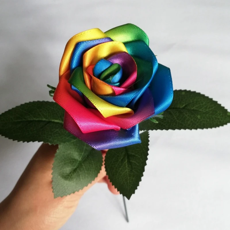 Bouquet de Roses en Satin de Soie Fait à la Main, Couleur Arc-en-ciel, pour Patients de Mariage, Décoration de Maison
