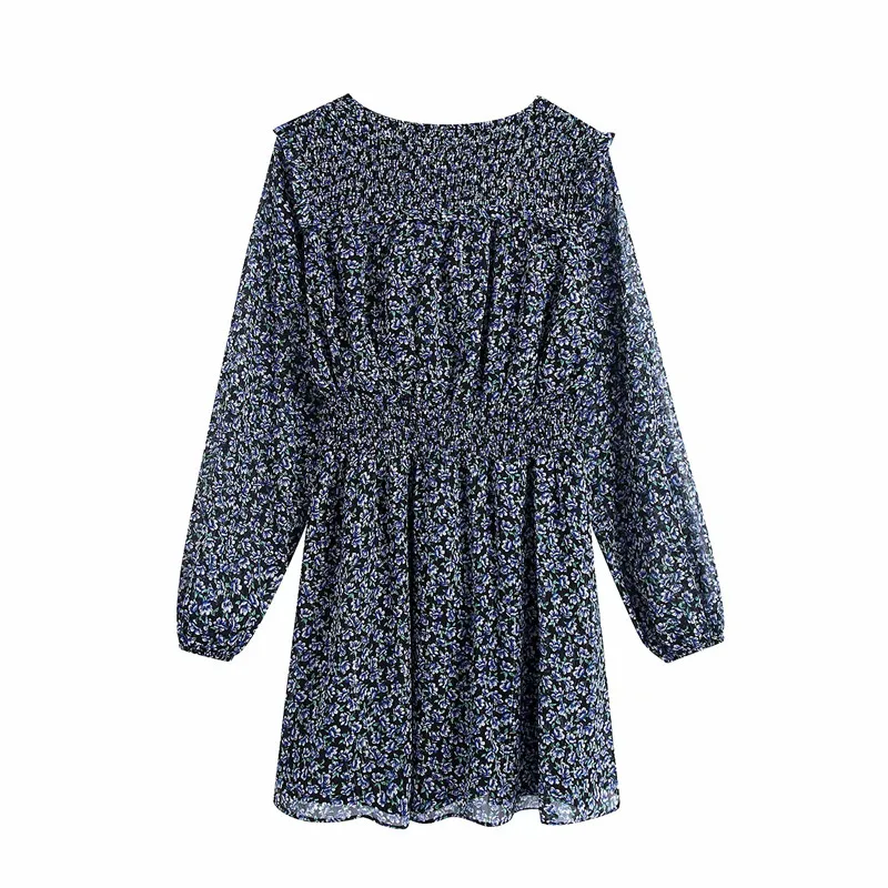 Evfer Chic Ladies Fashion Floral Print Za Blue Mini Dresses Female Elegant V-neck Long Puff Sleeve Elastic High Waist Dress Chic