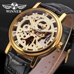 2021 Fashion Winner Top Brand custodia in oro di lusso trasparente Design Casual orologio da studente in pelle marrone da uomo scheletro meccanico