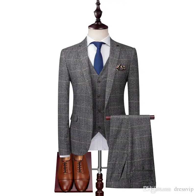 Trajes grises para hombre, trajes a cuadros de lana de Tweed, esmoquin de novio de corte Regular, esmoquin de boda a cuadros hecho a medida, vestido Formal