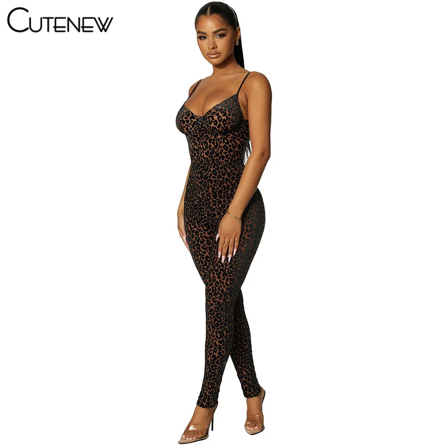 Cutenew Y2K Leopard Print Skinny Casual Strap Jumpsuits Women Fashion Sexy Sleeveless Backless Slim Stretch Lady Party Clubwear